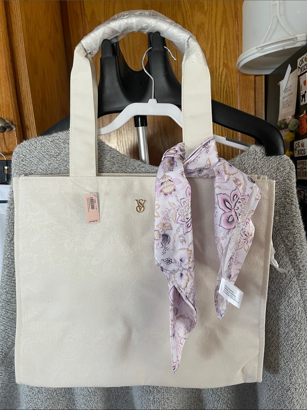 Victoria’s Secret Ivory Tote Bag with Gold Logo Pin Floral Purple Scarf